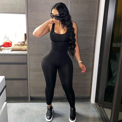 Sport Cut Out Backless Bodycon Jumpsuit Active Wear Black One Piece Outfit Women Summer Baddie